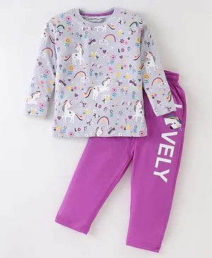 Doreme Single Jersey Full Sleeves Night Suit Unicorn Print - Grey & Purple