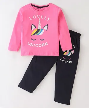 Doreme Single Jersey Full Sleeves Night Suit Unicorn Print - Pink & Navy