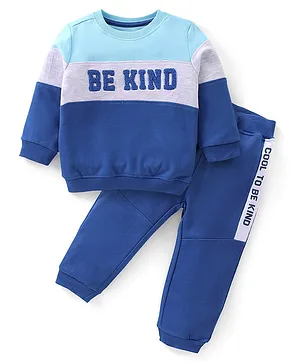 Babyhug 100% Cotton Terry Full Sleeves Color Block T-Shirt and Pants Set Text Design - Blue