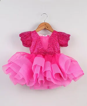 Many frocks & Half Sleeves  Sequin Embellished Bodice & Layered Party Dress - Pink