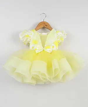 Many frocks & Half Sleeves  Flower Embroidered Bodice & Bow Embellished Layered Party Dress - Yellow