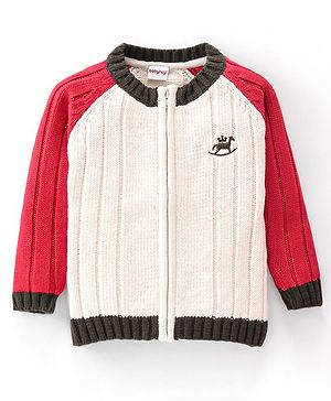 Babyhug Cotton Knitted Full Sleeves Front Zipper Sweater - White & Red Babyhug Cotton Knitted Full Sleeves Front Zipper Sweater - White & Red