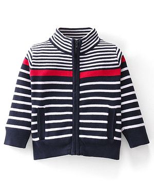 Babyhug Cotton Knitted Full Sleeves Striped Front Zipper Sweater - Multicolour Babyhug Cotton Knitted Full Sleeves Striped Front Zipper Sweater - Multicolour