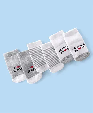 Cute Walk By Babyhug Terry Anti-Bacterial Ankle Length Socks Text Print Pack Of 3 - White & Grey