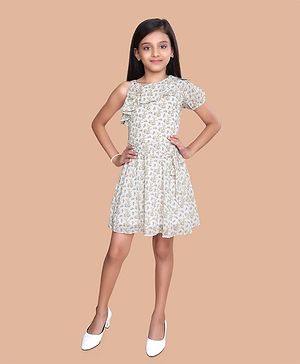 Tiny Girl Cold Shoulder Frill Detailed Floral Printed Dress - Gold