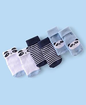 Cute Walk By Babyhug Terry Anti-Bacterial Ankle Length Socks With Panda Print Pack Of 3 - White Blue & Black