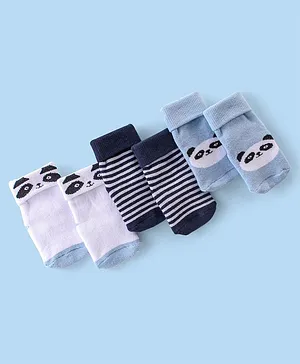 Cute Walk By Babyhug Terry Anti-Bacterial Ankle Length Socks With Panda Print Pack Of 3 - White Blue & Black