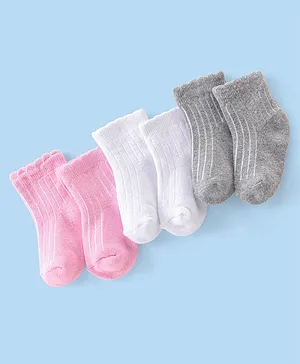 Cutewalk By Babyhug Terry Anti-Bacterial Ankle Length Socks Solid Colour Pack Of 3 - White Pink & Grey