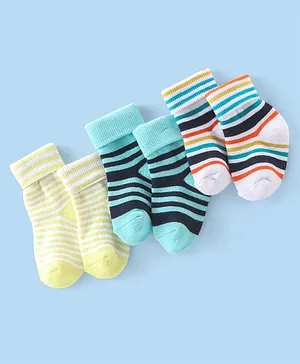 Cute Walk By Babyhug Terry Anti-Bacterial Ankle Length Socks Striped Pack Of 3 - White Green & Blue