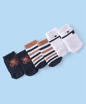 Cute Walk By Babyhug Terry Anti-Bacterial Ankle Length Socks With Teddy Print Pack Of 3 - White & Black