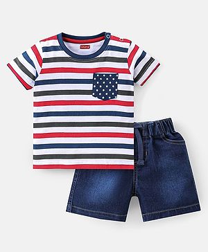 Babyhug 100% Cotton Knit Half Sleeves T-Shirt & Shorts With Striped - Red & Navy Blue