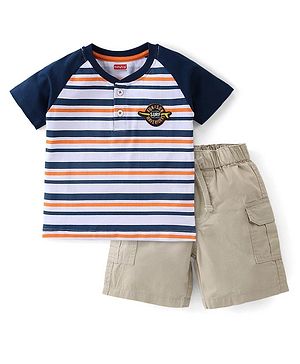 Babyhug 100% Cotton Knit Raglan Sleeves Striped T-Shirt & Shorts Set - Blue & Beige