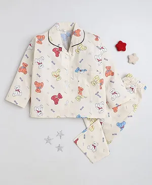 Indiurbane Full Sleeves Teddy  Printed Night Suit - Beige