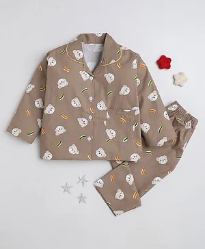 Indiurbane Full Sleeves Teddy Bear Printed Night Suit Set  - Brown