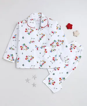 Indiurbane Full Sleeves Puppy & Balloons Printed Shirt With Pajama - White