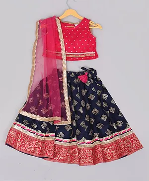 Tahanis Sleeveless Ethnic Floral Foil Printed And Lace Embellished  Lehanga And Choli With  Dupatta - Royal Blue