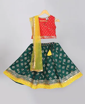 Tahanis Sleeveless Ethnic Floral Foil Printed With Lace Embellished  Lehanga And Choli With  Dupatta - Green