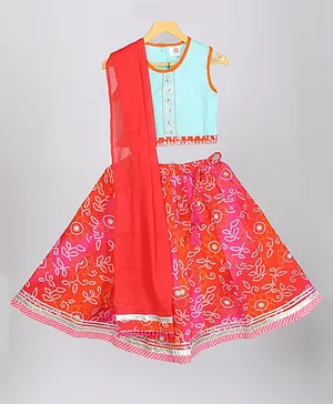 Tahanis Sleeveless Leaf Vine Lace & Sequin Embellished And Bandhej Printed Choli And Coordinating Lehenga Set   - Multi Colour