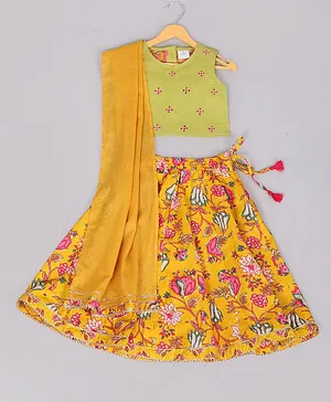 Tahanis Sleeveless Floral Printed And Lace Embellished Lehenga Set - MustardYellow And Green
