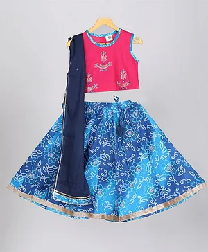 Tahanis Sleeveless Embroidered Choli With Bandhej Designed Lehenga & Dupatta - Blue & Pink