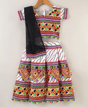 Tahanis Half Sleeves Banjara Embroidered & Mirror Work Embellished Choli With Coordinating Lehenga & Dupatta - White
