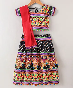 Tahanis Half Sleeves Banjara Embroidered & Mirror Work Embellished Choli With Coordinating Lehenga & Dupatta - Black