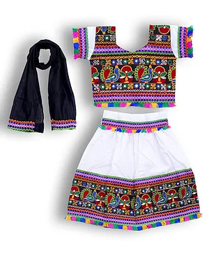 Tahanis Half Sleeves Banjara Floral Embroidered With Mirror Work Detailed Choli & Lehanga With Dupatta - White