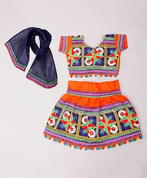 Tahanis Half Sleeves Banjara Embroidered & Tassel Hem Detailed Coordinating Lehenga Choli With Dupatta - Orange