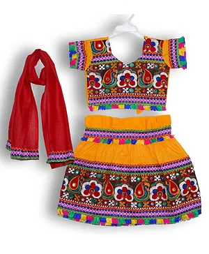 Tahanis Half Sleeves Banjara Embroidered & Tassel Hem Detailed Coordinating Lehenga Choli With Dupatta - Yellow
