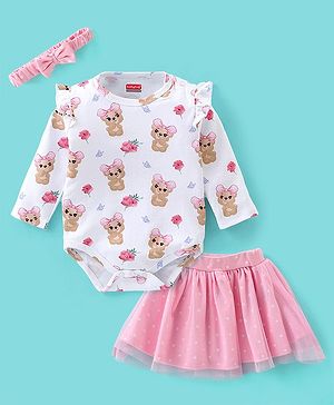 Babyhug 100% Cotton Knit Full Sleeves Onesies with Skirt & Hairband Bear Print  - Pink