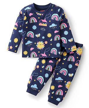 Babyhug Cotton Knit Full Sleeves Night Suit With Rainbow & House Print - Navy Blue