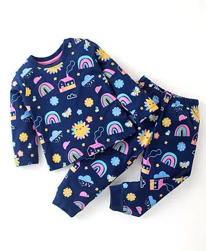 Babyhug Cotton Knit Full Sleeves Night Suit With Rainbow & House Print - Navy Blue