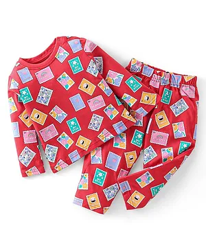 Babyhug Cotton Knit Full Sleeves Night Suit With Post Stamp Print - Red