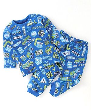 Babyhug Cotton Knit Full Sleeves Trucks Printed Night Suit - Blue