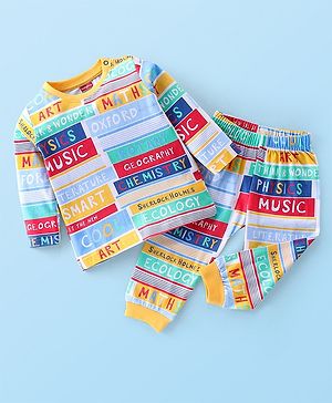 Babyhug Cotton Knit Full Sleeves Night Suit With Text Print - Multicolour