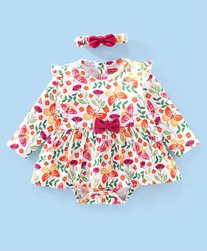 Babyhug 100% Cotton Full Sleeves Frock Style Onesie with Hairband Butterflies Print - Multicolour