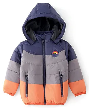 Babyhug Woven Full Sleeves Hooded Jacket With Solid Colour - Navy Blue & Orange