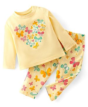 Babyhug Cotton Knit Full Sleeves Night Suit Butterfly Print - Yellow