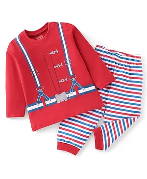 Babyhug Cotton Knit Full Sleeves Striped & Printed Night Suit - Red