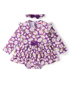 Babyhug 100% Cotton Knit Full Sleeves Frock Style Onesie with Headband Floral Print - Purple