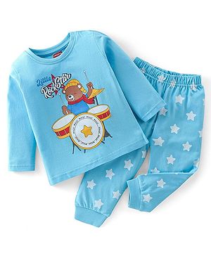 Babyhug Cotton Knit Full Sleeves Night Suit With Teddy Print - Blue