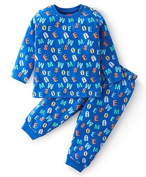 Babyhug Cotton Knit Full Sleeves Alphabets Printed Night Suit - Blue