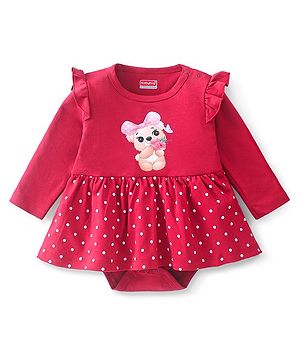 Babyhug 100% Cotton Knit Full Sleeves Frock Style Onesie Bear Print - Red