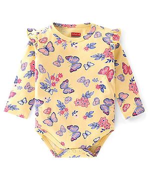 Babyhug 100% Cotton Knit Full Sleeves Onesie Butterfly Print - Yellow