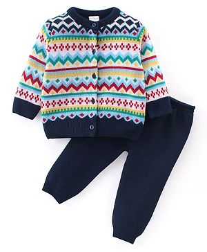 Babyhug Knitted Full Sleeves Sweater Set With Chevron Design - Multicolour