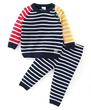 Babyhug Knitted Full Sleeves Sweater Set with Stripes Design - Multicolour Babyhug Knitted Full Sleeves Sweater Set with Stripes Design - Multicolour