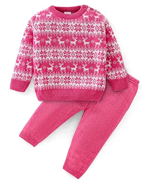 Babyhug Knitted Full Sleeves Baby Sweater Set with Snow Flakes Design - Pink