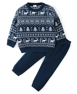 Babyhug Knitted Full Sleeves Baby Sweater Set with Snow Flakes Design - Navy Blue