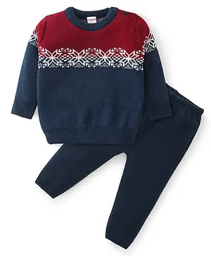 Babyhug Knit Full Sleeves Sweater Set Floral Design - Navy Blue