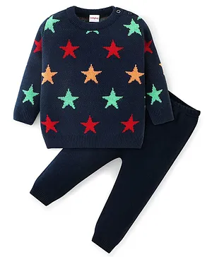 Babyhug Full Sleeves Sweater Set Stars Design - Navy Blue